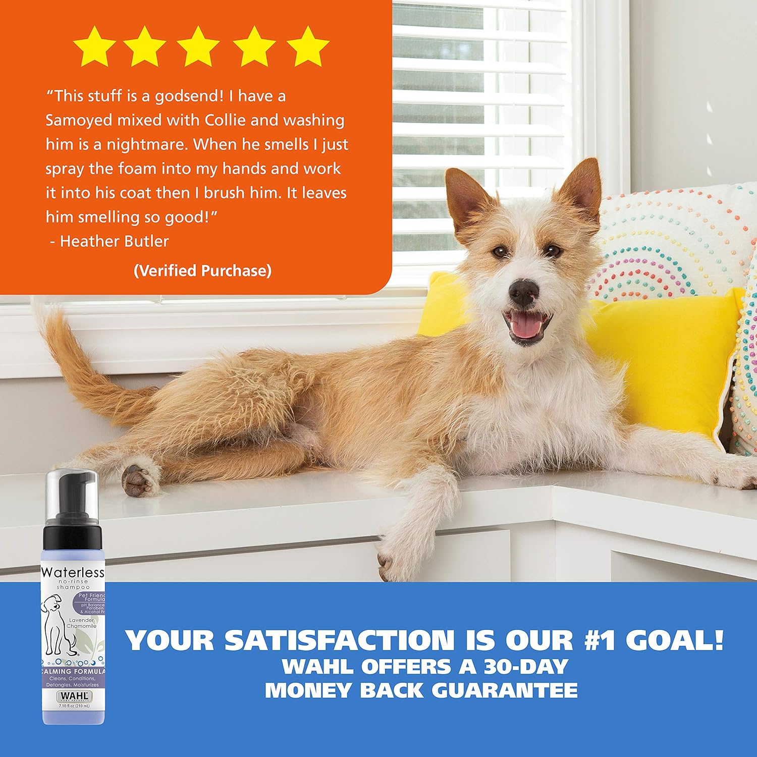 Wahl Pet Friendly Waterless No Rinse Shampoo for Animals – Lavender & Chamomile for Cleaning, Conditioning, Detangling, & Moisturizing Dogs, Cats, & Horses – 7.1 Oz