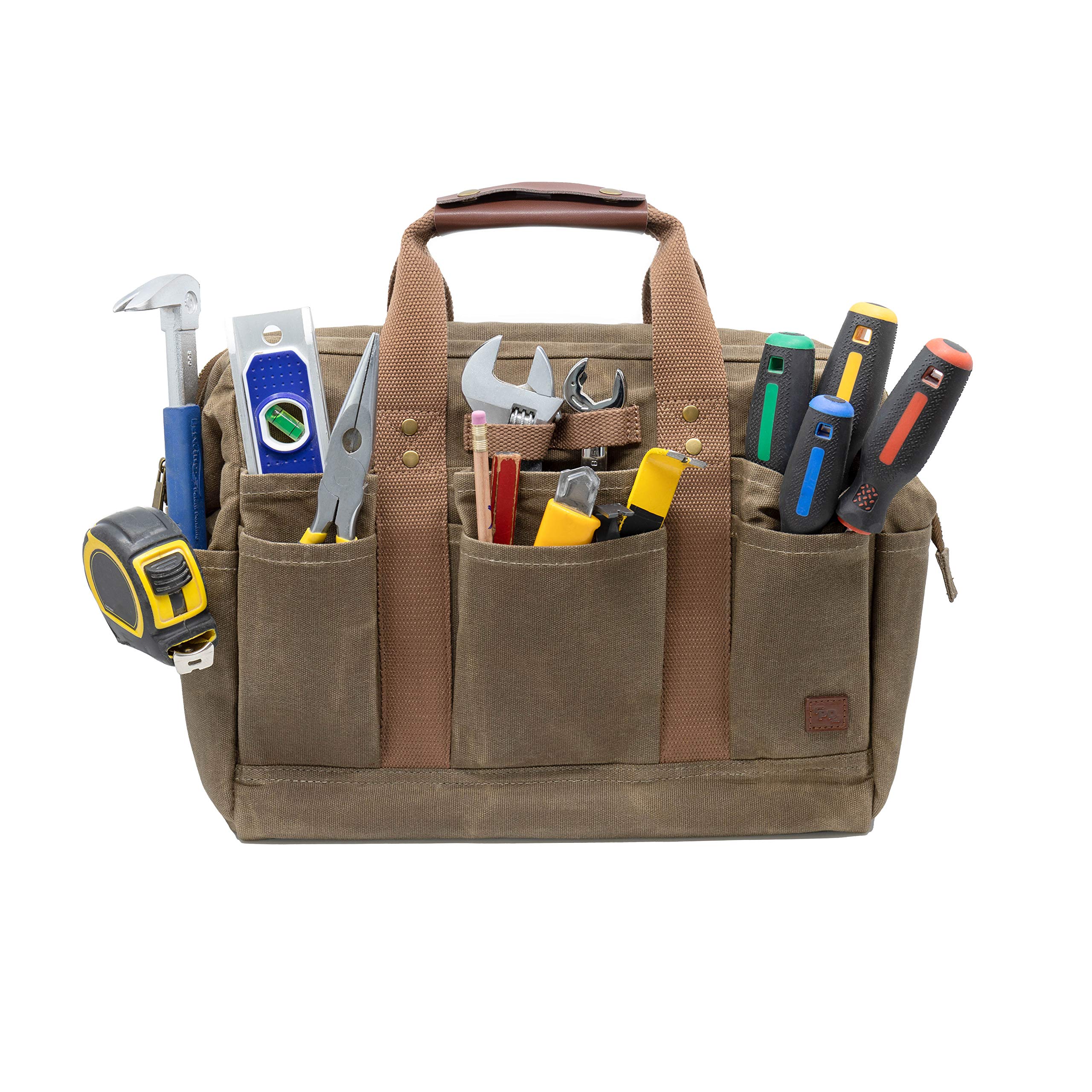 PD Tool Bags Heavy Duty 14 Inch / (36 cm) - Tool Bag with 22 Pockets - Toolbag with Comfort Grip Handle - Durable and Resistant Canvas Tool Bag (Classic Brown)
