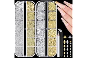 BELLEBOOST 2640Pcs 3D Star Nail Charms, Gold & Silver Multi-Shapes Metallic Nail Art Gems and Small Round Caviar Beads, Craft Jewels Nail Rhinestones Accessories Manicure Decor with Tweezers and Pick-up Pencil