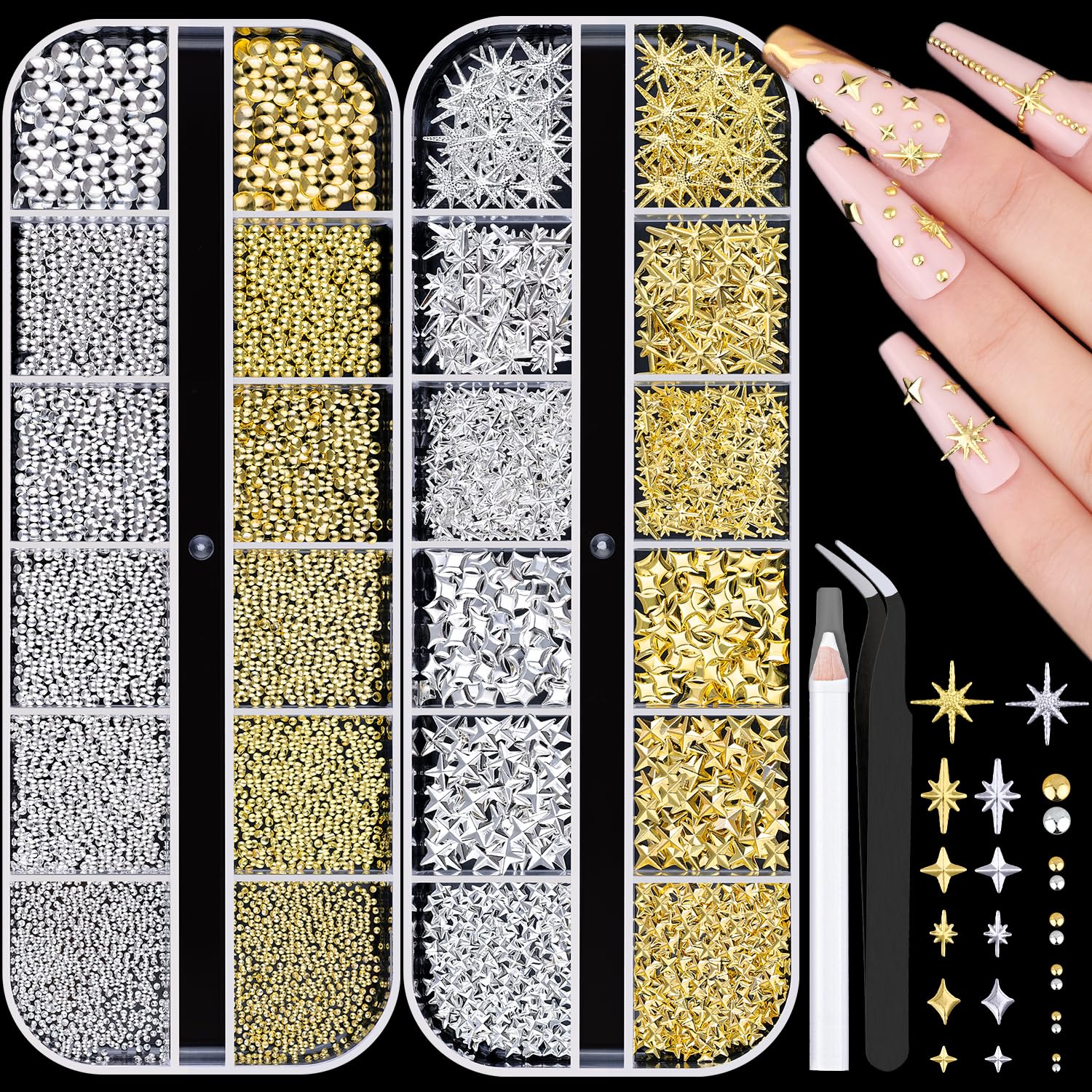 Photo 1 of 2640Pcs 3D Star Nail Charms, Gold & Silver Multi-Shapes Metallic Nail Art Gems and Small Round Caviar Beads, Craft Jewels Nail Rhinestones Accessories Manicure Decor with Tweezers and Pick-up Pencil