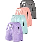 Resinta 4 Pack Girls Athletic Shorts Dry-Fit Soccer Running Shorts for Kids Workout Gym Active Apparel with Zipper Pockets