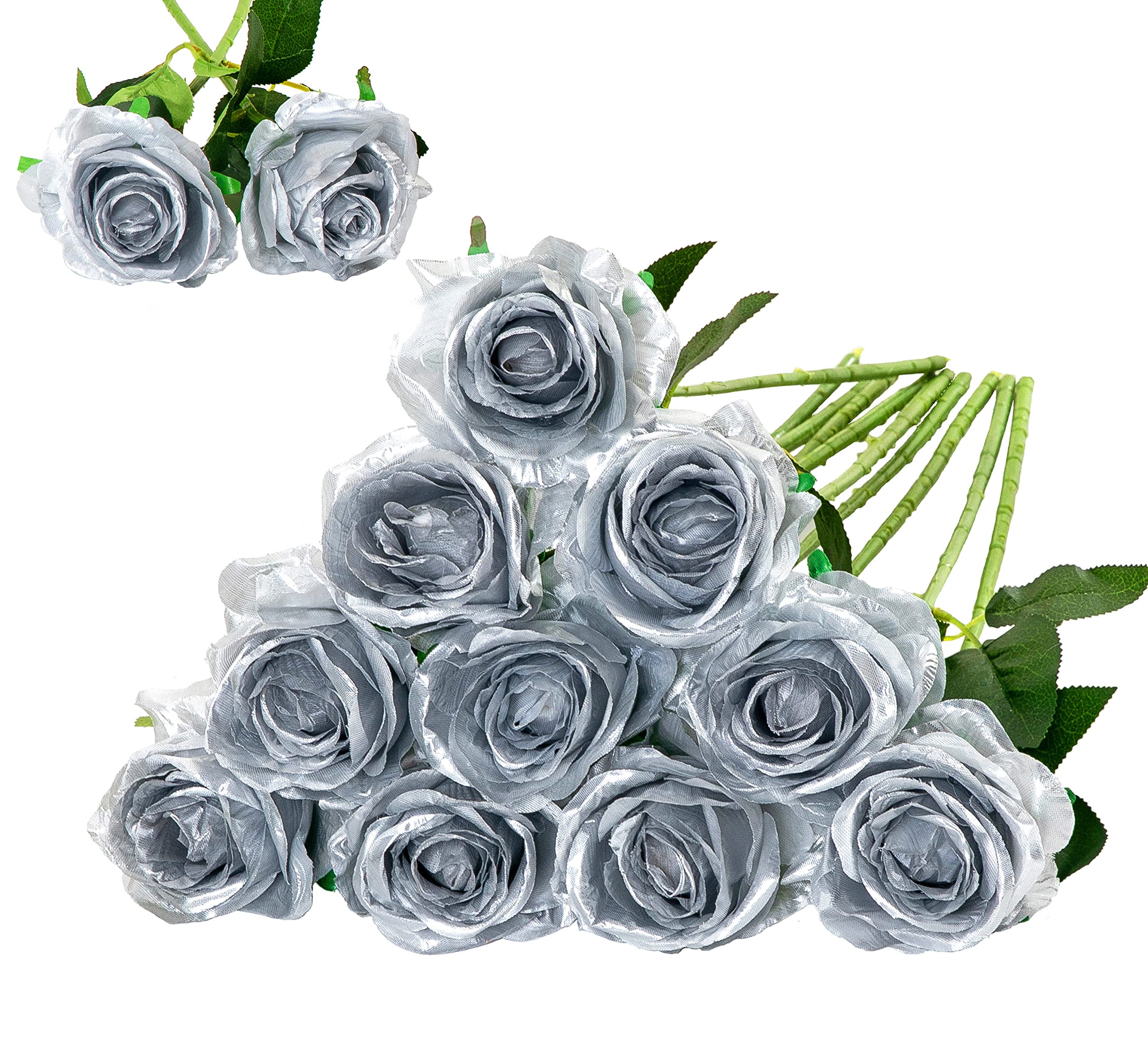 Floralsecret 12 Pcs Artificial Silk Rose Flower Bouquet Faux Flowers Home Wedding Party Decor(Silver)