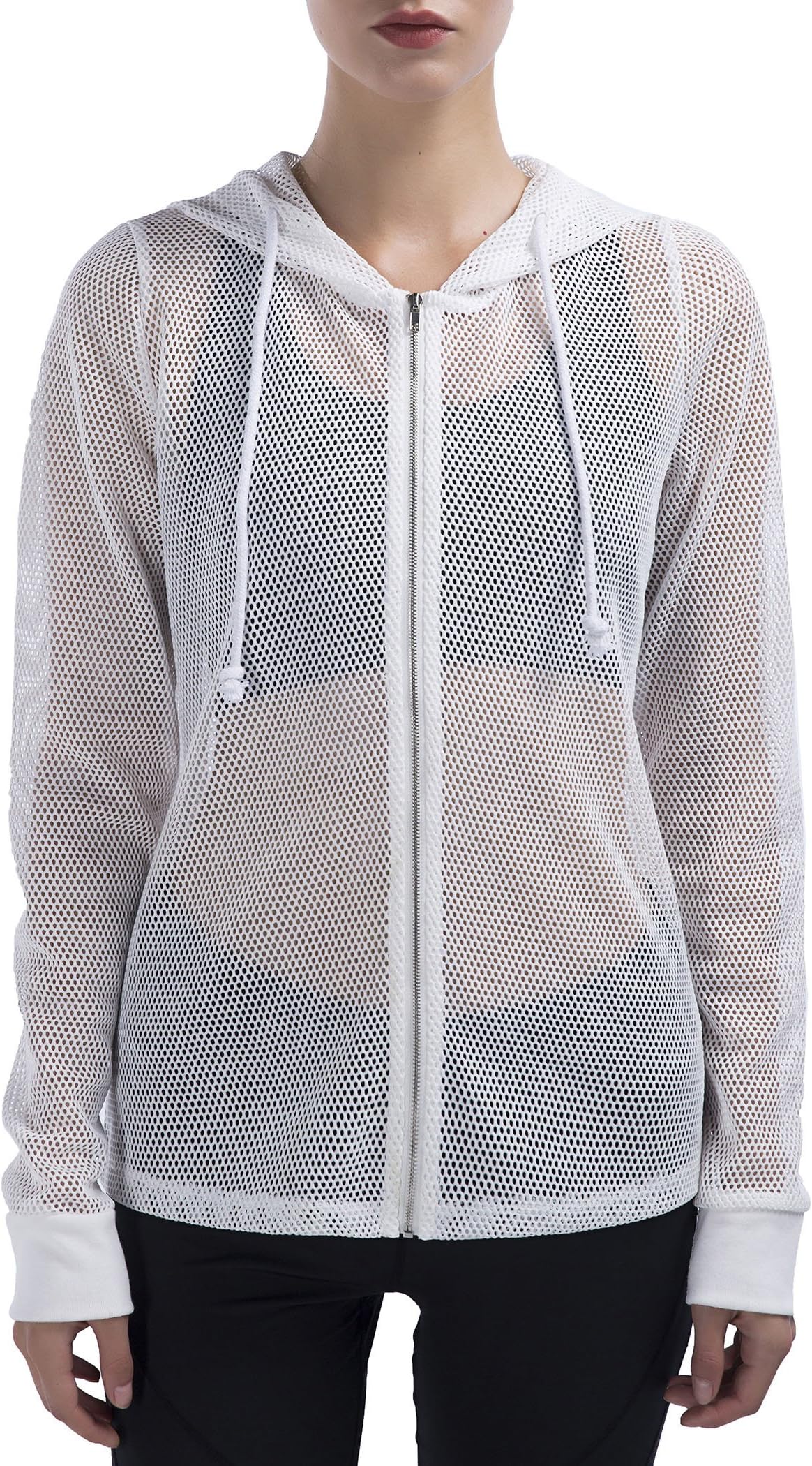 SPECIALMAGIC Mesh Jacket Women Fishnet Cover-up Relaxed Fit Long Sleeve Zipped Full Hooded Jacket