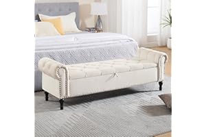 HOMYKA Storage Bed Bench for Bedroom, Velvet 67" End of Bed Benches, King Size Bench with Armrest, Tufted Button Upholstered Ottoman Bench for Living Room, Entryway, Cream Beige