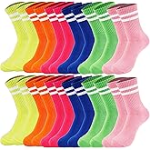 12 Pairs Neon Crew Socks Striped Crew Socks Short Socks for Men Women's Bright Neon Color, 6 Colors
