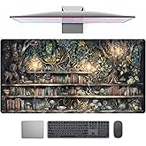 Forest Library Book Mouse Pad Desk Mat, Mystical Green Tree House XXL Extended Large Gaming Desk Pad Mousepad Computer Laptop Keyboard and Mouse Mat, Office Desk Decor Pad for Women 31.5x15.7 in