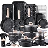 CAROTE 44pcs Nonstick Cookware Sets, Pots and Pans Set with Bakeware | Kitchen Knife Set Included, Lightweight Die-Cast Aluminum, Fast &amp; Even Heating, All-Stovetop Compatible