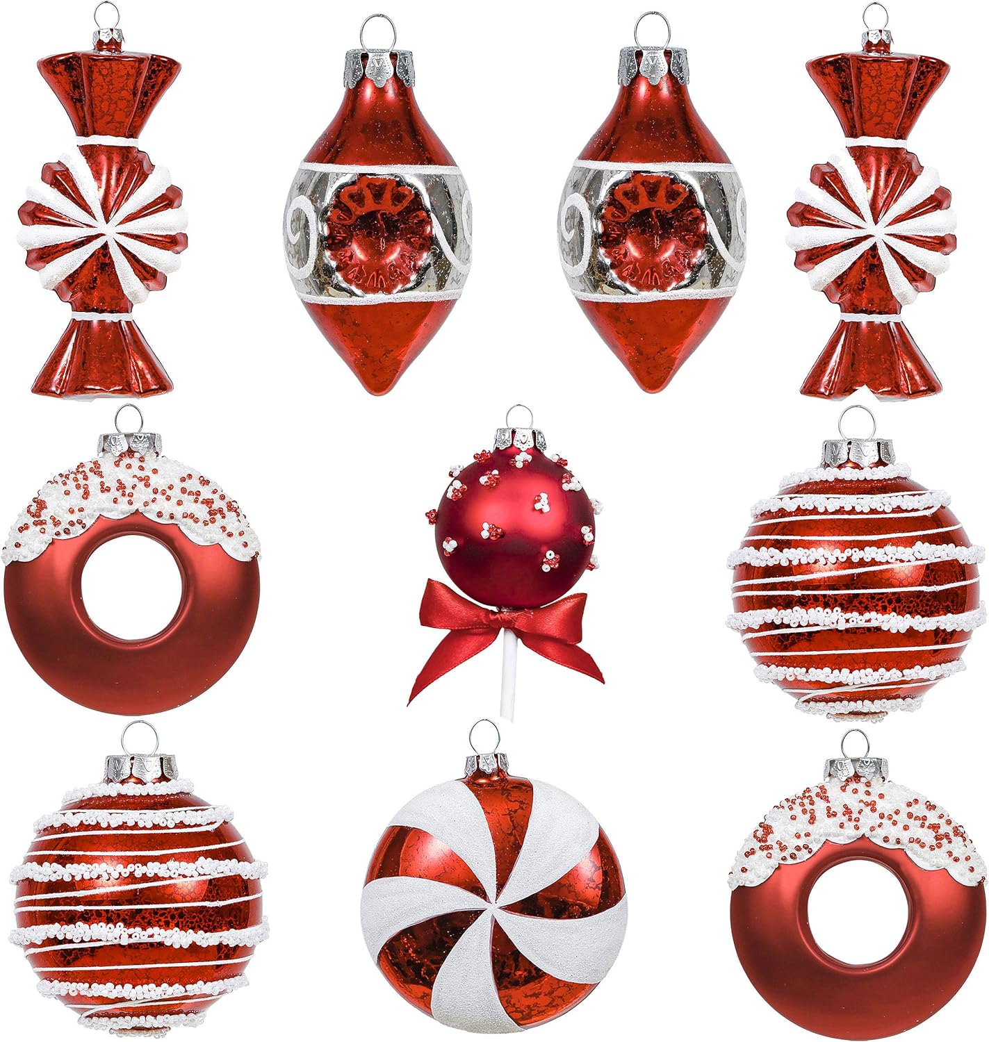 Valery Madelyn 10 Stücke Glas Weihnachtskugeln Set 9-14cm Rot Weiß Glas 