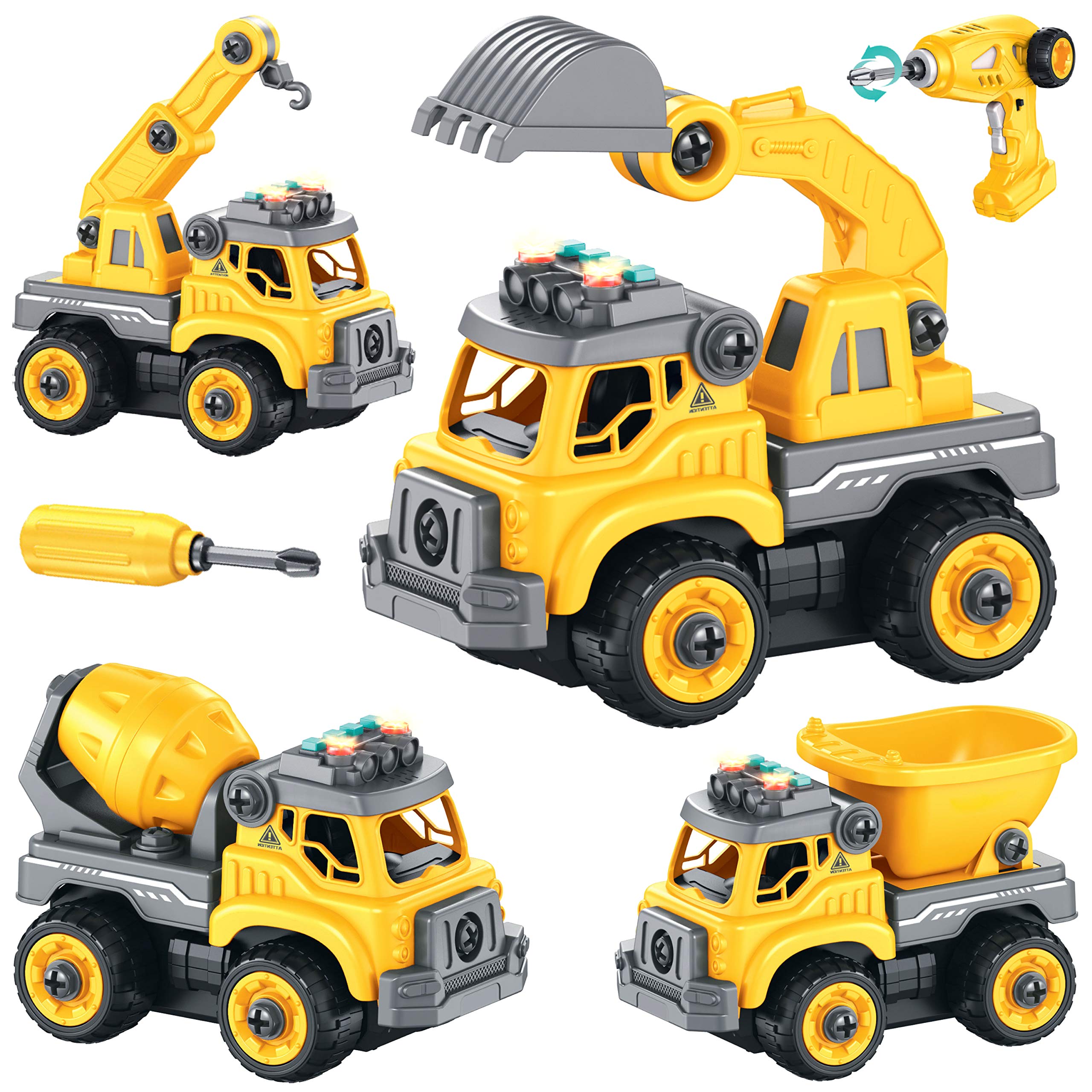 4-in-1 Take Apart Construction Toys for Kids, 36Pcs RC Car Trucks w/Electric 360° Drill Remote Control, DIY STEM Vehicle Building Toy, Sounds, Lights, Rechargeable, 3 4 5 6 7 Year Old Boys, Girls