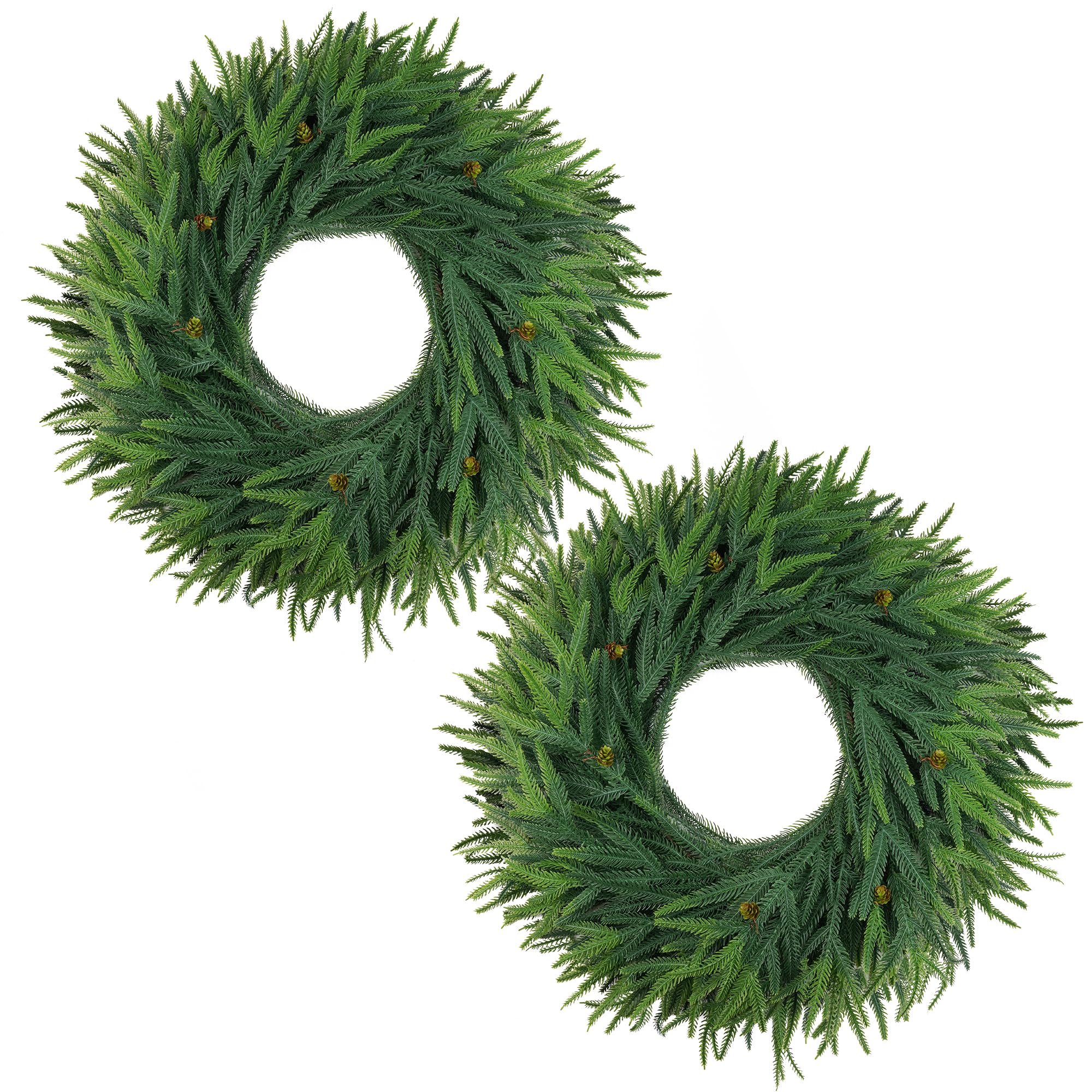 View 1 of 24inch Christmas Wreath 2 Pack, Norfolk Pine Wreath for Front Door, 24 Inch Xmas Village Wreath Holiday Decor Christmas Decorations for Home Wall Window Indoor Outdoor Outside Winter