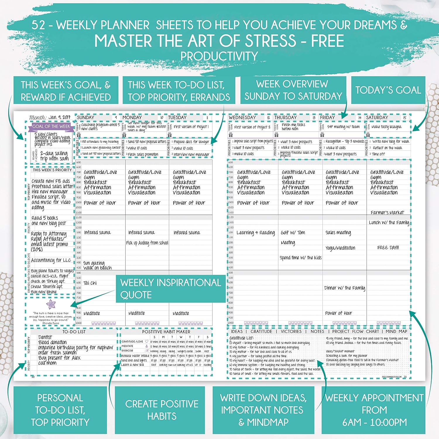 Freedom Mastery - Weekly & Monthly Planner, Soft Turquoise, A5 (Undated) 5.8" x 8.3" - Image 4