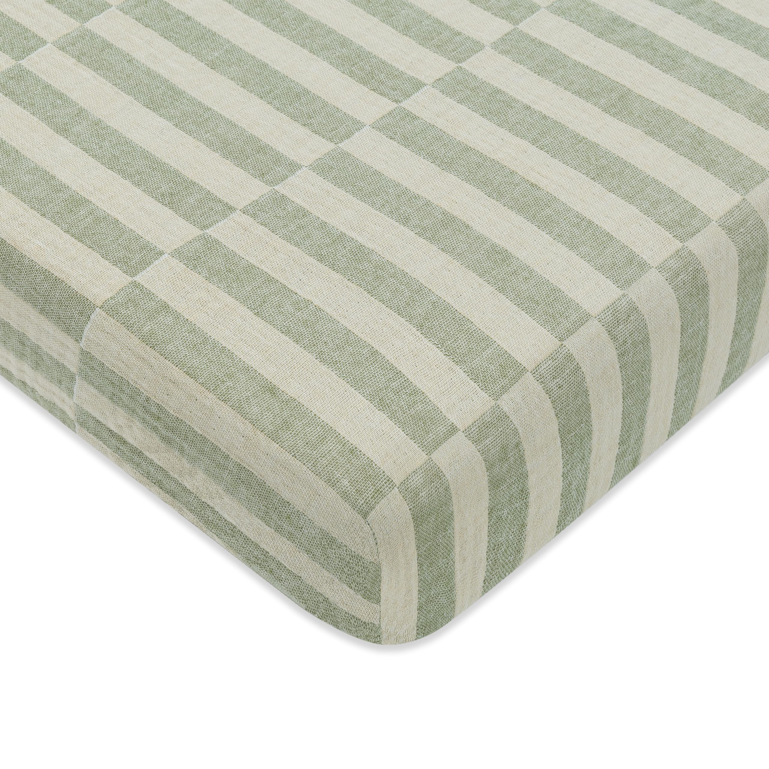 Photo 1 of Babyletto 100% Organic Cotton Mini Crib Sheet, GOTS-Certified, Fitted 360°, Ultra-Soft and Breathable Muslin - Moss Green Offset Stripe