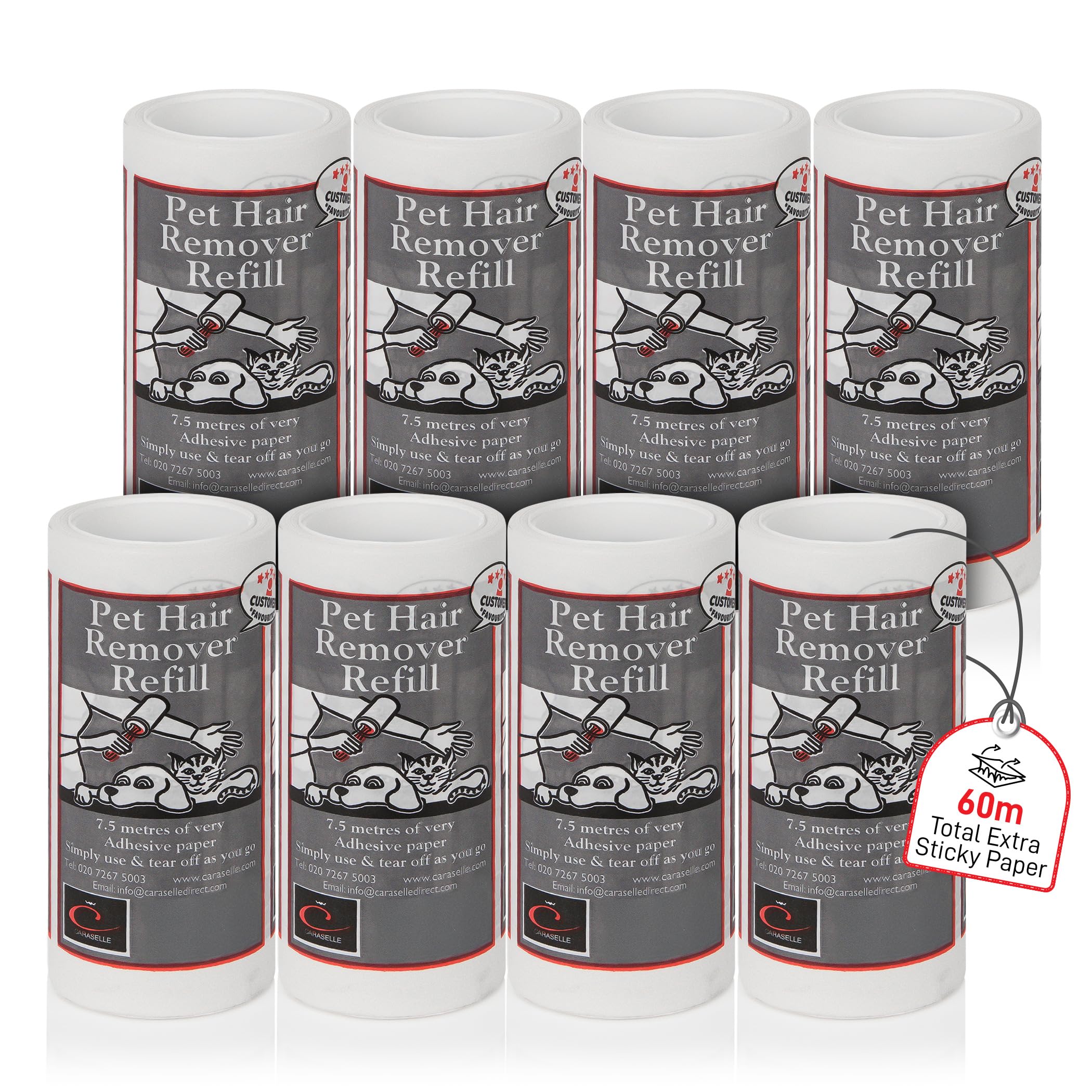 CARASELLE Pet Hair Remover Refill - 60m total (≈600 Sheets Equivalent) Super Adhesive Picks up Lint, Hair & Debris! Multi-Purpose Dog Cat Hair Lint Roller also for Cleaning Clothes & Washing Machine