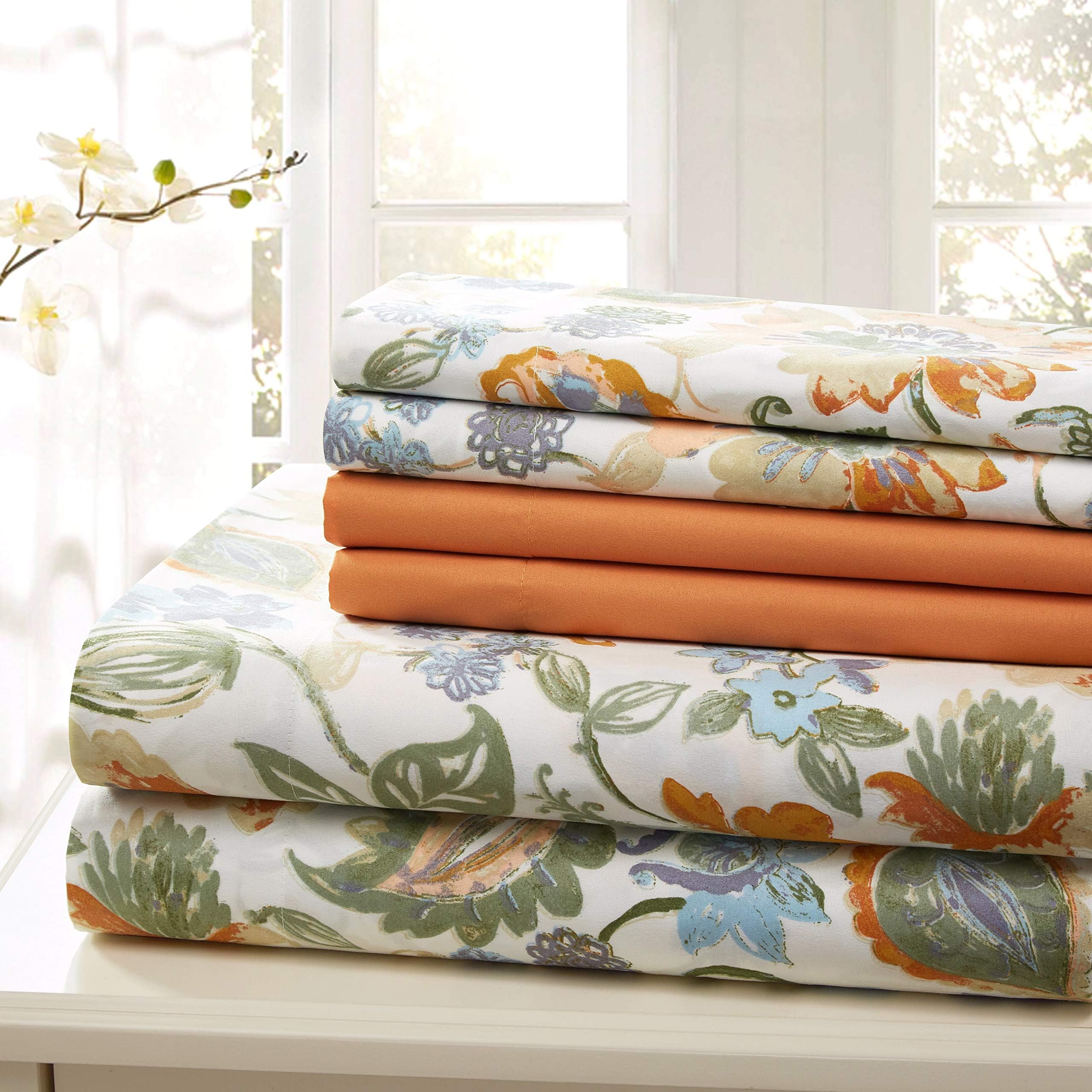 Traditional Home Sheet Set Cotton Percale 6 Piece Print Twin Full Queen King Soft (Orange Flower, Twin)