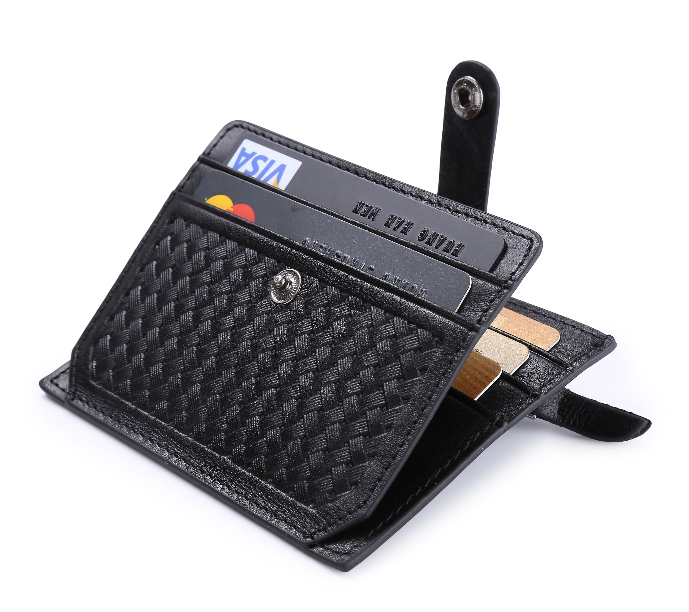 flintronic Credit Card Holder, RFID Blocking Black Leather Wallet (1 Zipper & 1 Invoice compartments, 5 Card Slots & 1 ID Window) Slim Pocket Purse for Men & Women