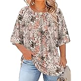 LOMON Womens Plus Size Tops Summer 3/4 Length Sleeve Crewneck Blouses Dressy Casual Loose Curvy Flowy Tunic Shirts 1X-5X