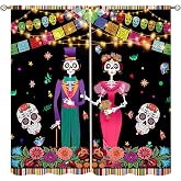 AAVEUP Mexican Day of the Dead Decor Curtains for Kids,Cartoon Minimalist Colorful Flower Striped Skull Flower Plant Window Drapes Print for Boys Girls Bedroom Living Room 42x45in