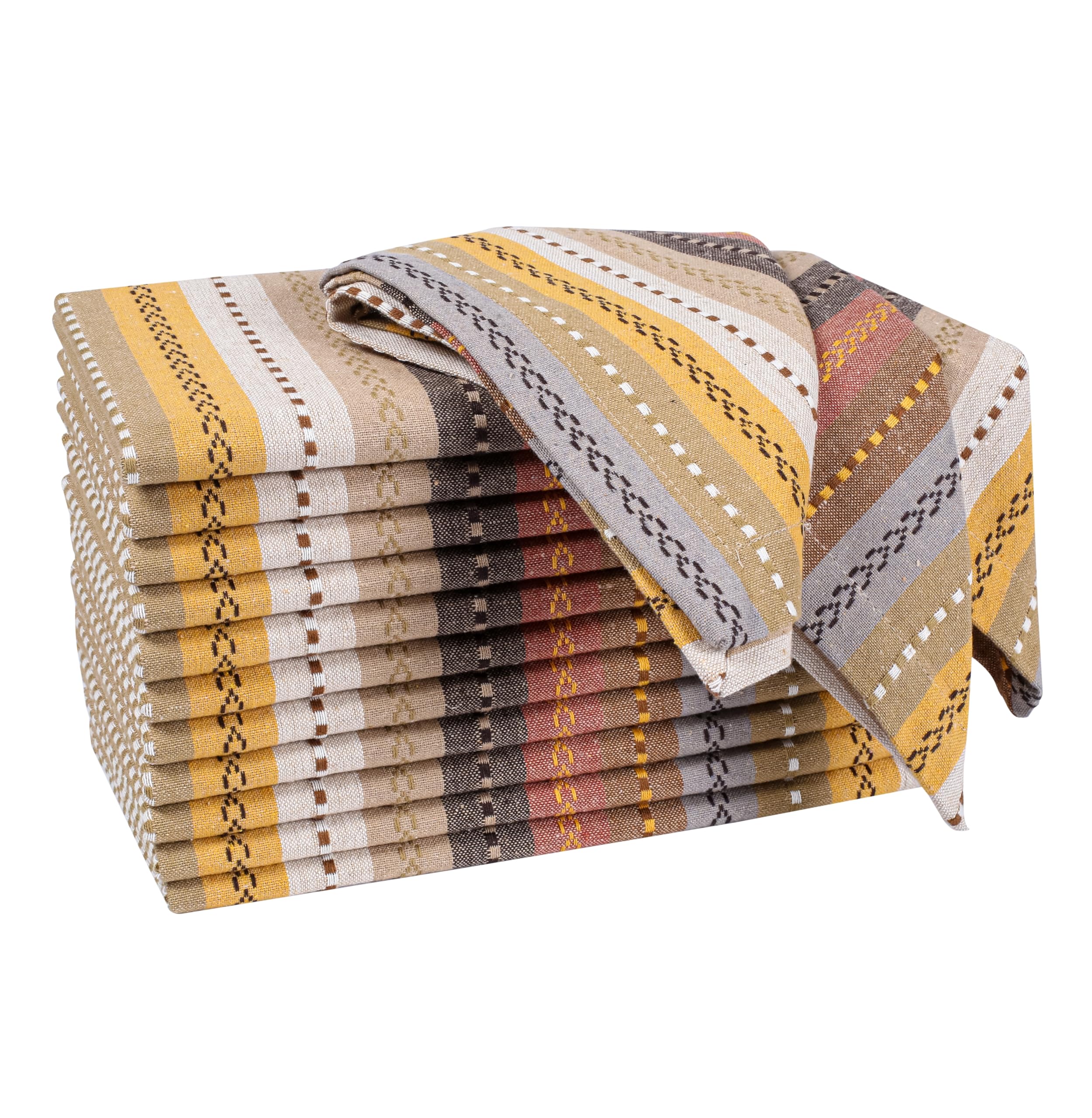 12-Pack Salsa Stripe 100% Cotton Dinner Napkin Oversized 50x50 CM / 20x20 inch with Mitered Corners & Generous Hem - Natural Multi