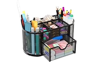 EasyPAG Mesh Desk Organizer, Multi-functional Stationery Organizer for School Supplies, Office Pen Holder for Desk, 9 Compartments Dorm Organization with Drawer, Black