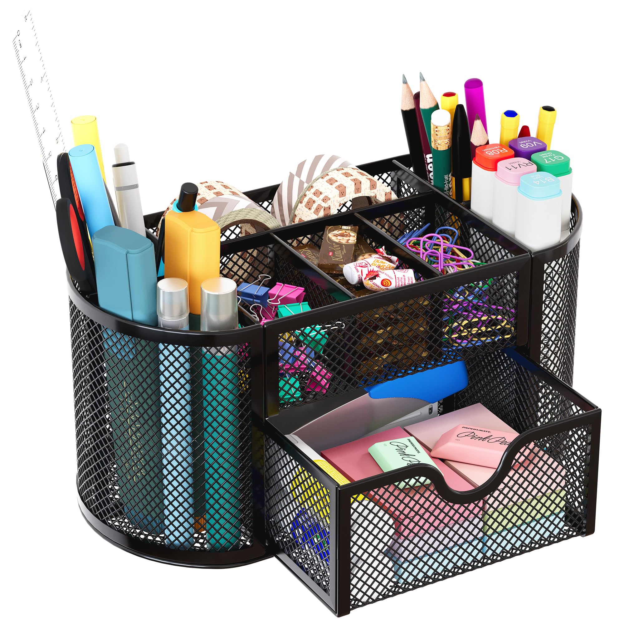 Photo 1 of EasyPAG Mesh Desk Organizer, Multi-functional Stationery Organizer for School Supplies, Office Pen Holder for Desk, 9 Compartments Dorm Organization with Drawer, Black