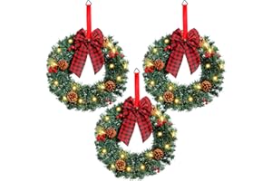 Geosar 3 Pcs Lighted Christmas Wreath, 13.8 Inch LED Xmas Window Wreaths with Buffalo Check Bow Pine Cone Berry for Front Door Wall Decor