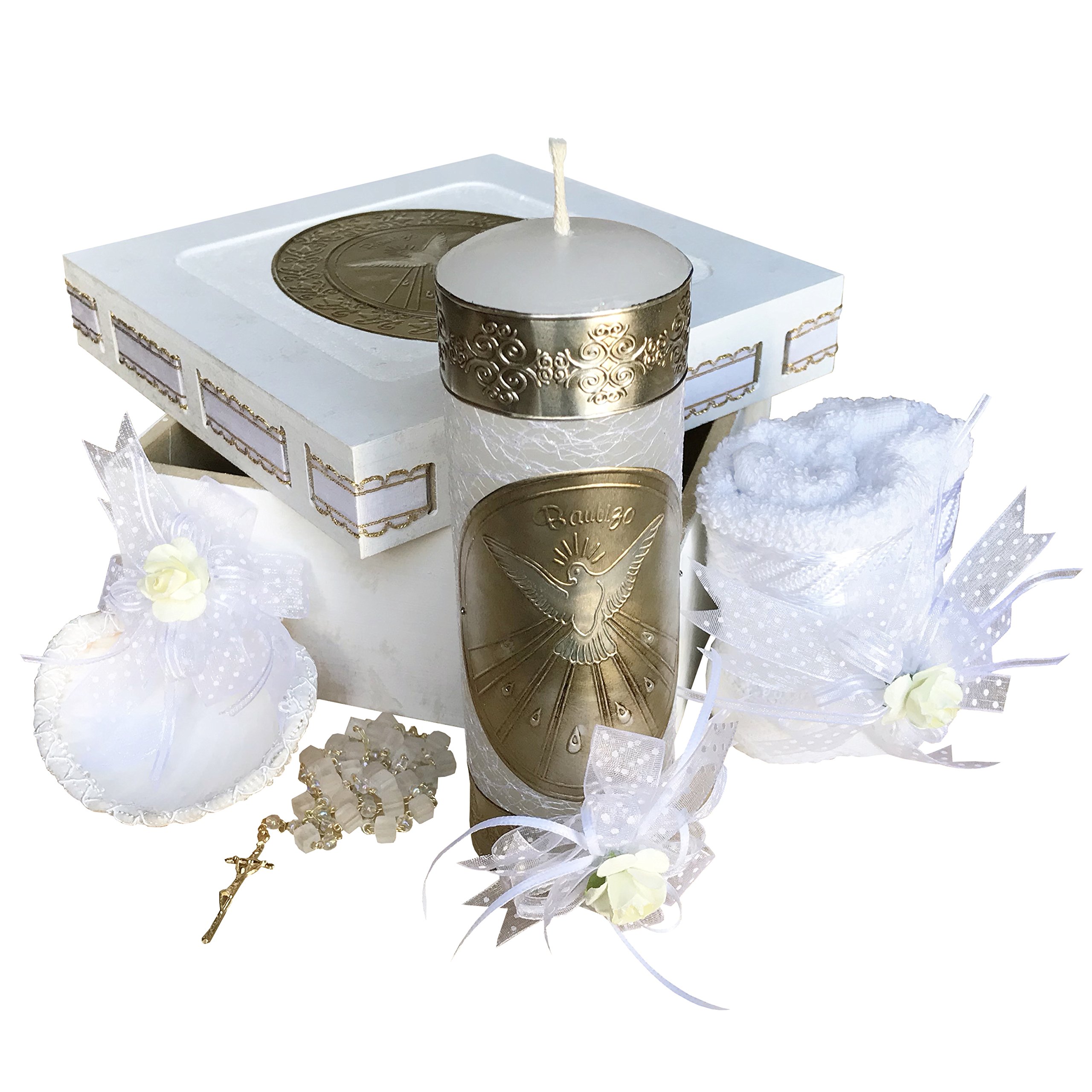 Photo 1 of ***MINOR DAMAGE*** Arcangeles Mexicanos Catholic Baptism Candle Set in a Wooden Box with Towel, Candle, Rosary and Shell for Baby Boys and Girls. Handmade in Mexico