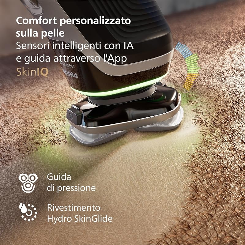 Shaver i9000 Prestige, rasoio elettrico Wet & Dry, con tecnologia Skin IQ, triplo sistema di sollevamento e taglio, doppie lame rotanti in acciaio di precisione a 360°, modello XP9205/30
