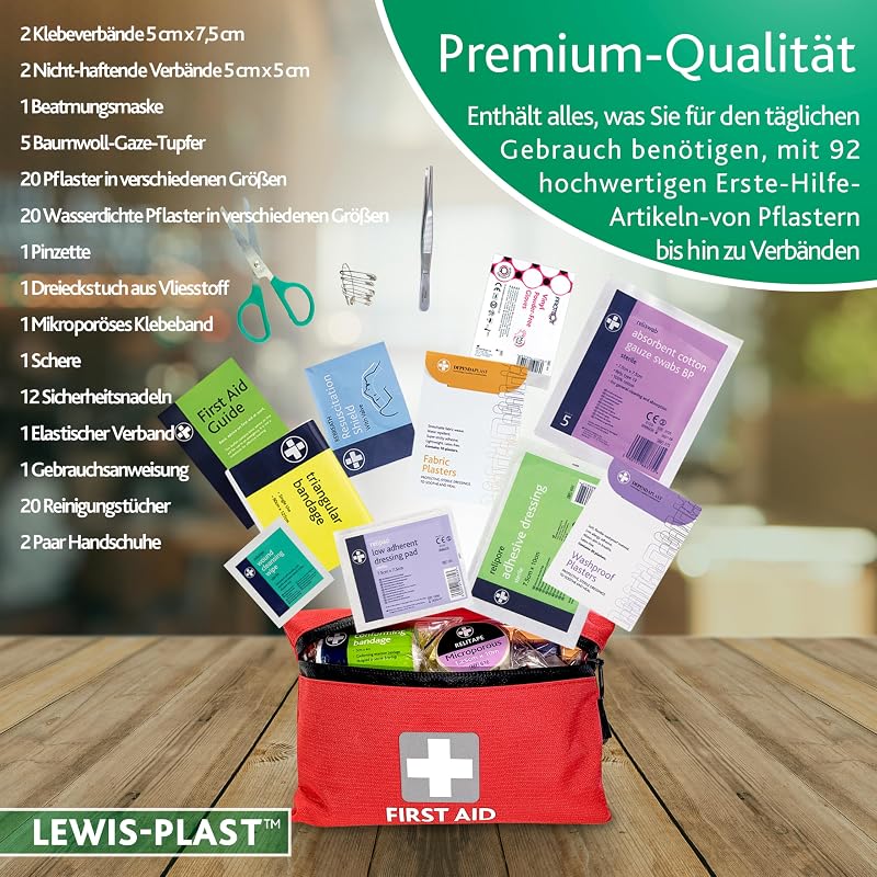 Erste-Hilfe-Kit Erste-Hilfe-Tasche 92 Stück - Hochwertiges Great Rescue-Kit, der den europäischen Normen entspricht - Erste-Hilfe-Medizin-Kit für Camping, Schularbeit und vieles mehr
