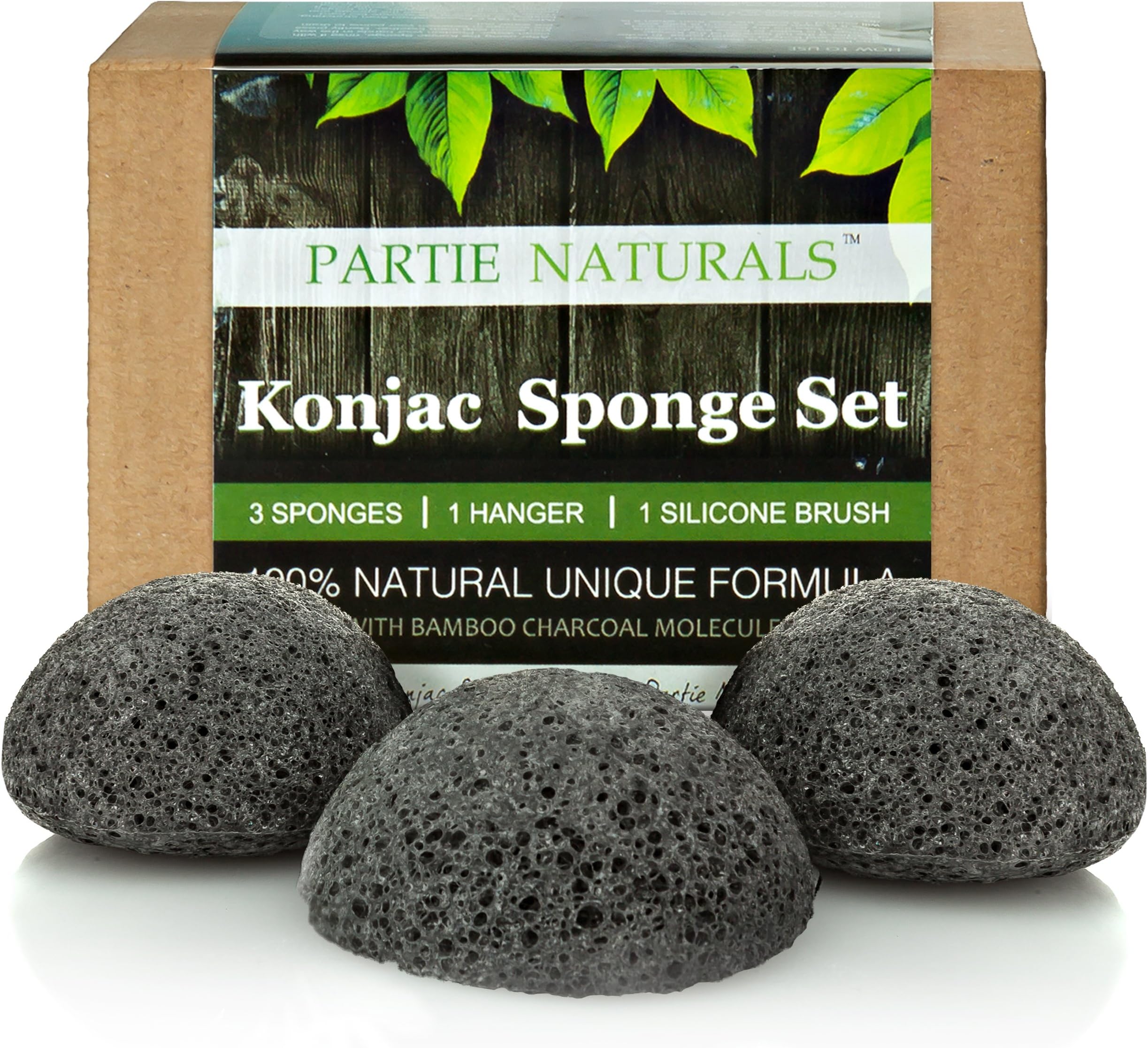 Konjac Sponge 3 Pack and Silicone Brush By Partie Naturals Activated Charcoal - Facial Sponge, 100% Natural Sponge Suction Hook Included