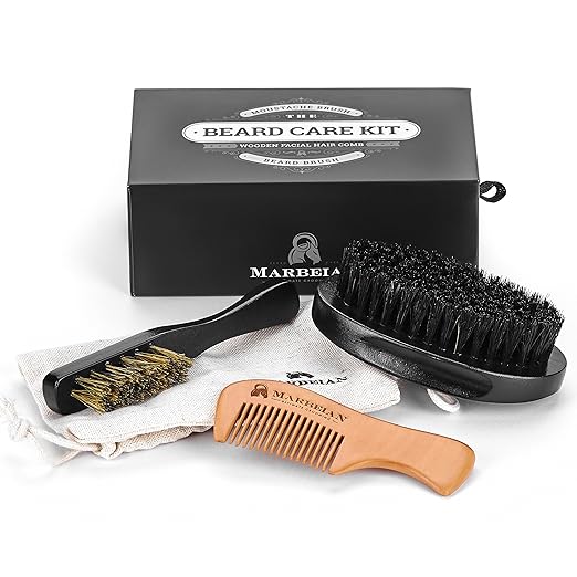 title=Spazzola per Barba, Spazzola per Baffi e Pettine in Legno, Scatola Regalo