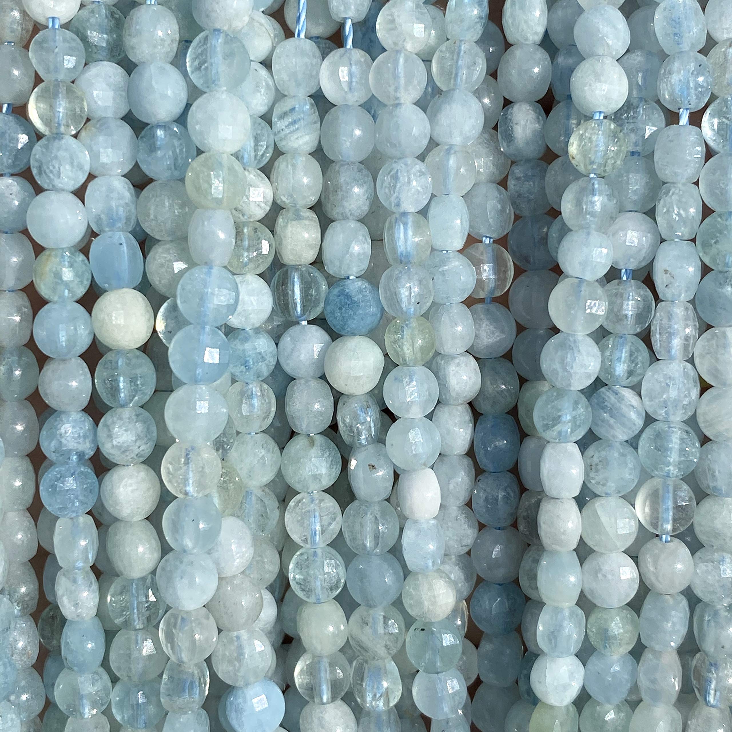 Photo 1 of [ABCgems] Brazilian Aquamarine (Exquisite Color) Tiny 4mm Micro-Faceted Diamond-Cut Checkerboard Coin Beads (A Revolutionary Cutting Process- More Surface to Reflect Light)