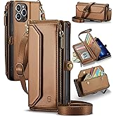 Strapurs Wallet Case Compatible with iPhone 13 Pro Max RFID Blocking 10-Card Holder Soft PU Leather Magnetic Snap Shoulder Strap Zipper Pocket Phone Case Fit for iPhone 13 Pro Max - Brown
