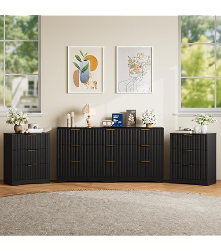 black and gold dresser and nightstand set Amazon.com: Furniway Black Dresser Bedroom Set 3 Pieces, Nightstands Sets  of 2, 9 Drawer Dresser with Gold Handles for Bedroom : Home & Kitchen