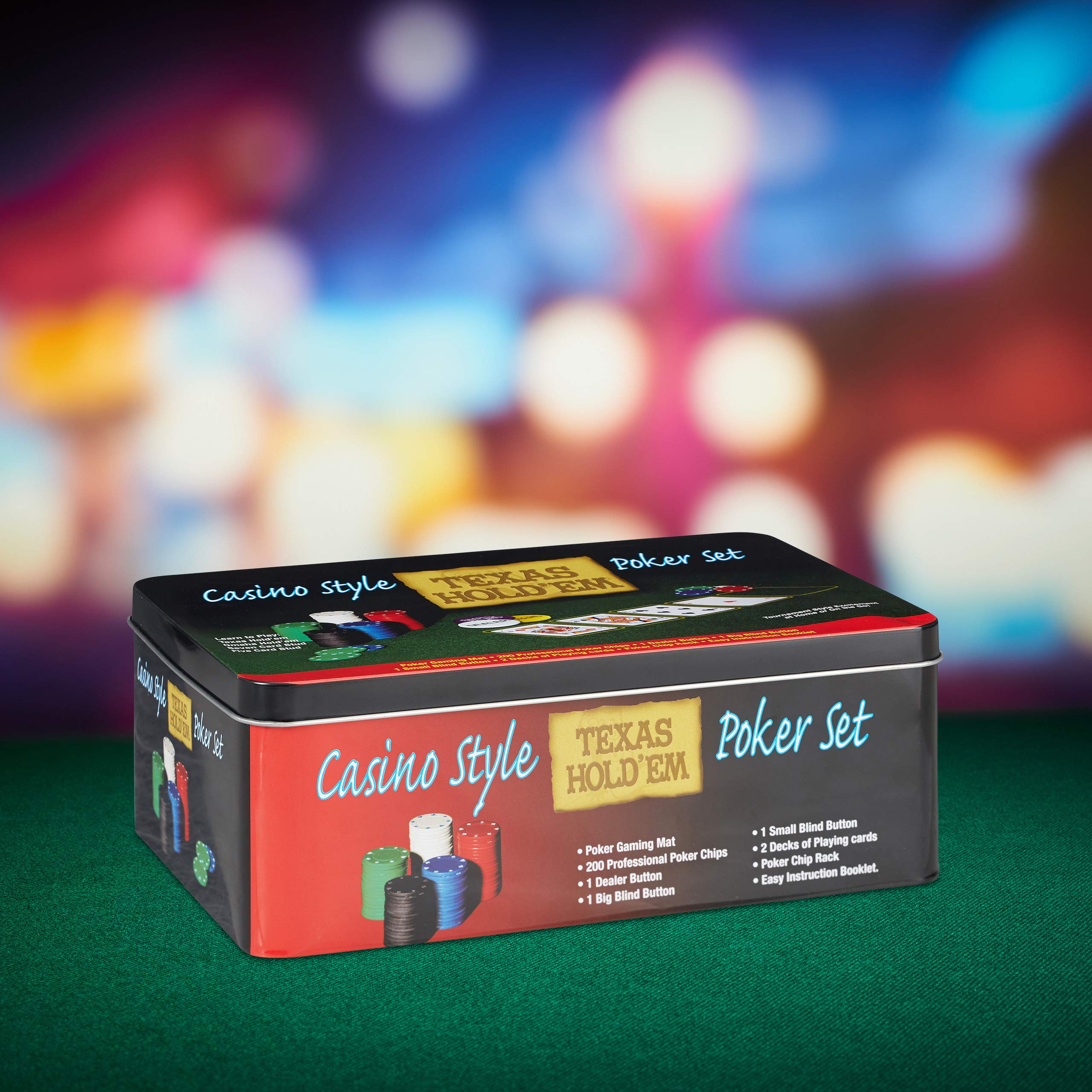 Relaxdays Pokerset, 200 Chips, Spielmatte, 2 Kartendecks, Dealerbutton, Blindbuttons, Casino-Feeling, Profi Pokerspiel, 9 x 24 x 15 cm 6