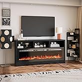 CharaVector Fireplace TV Stand with 60" Glass Electric Fireplace, Entertainment Center with Power Outlets for Up to 75" TVs, Black TV Cabinet with 3 Open Storage Cabinets, TV Console for Living Room