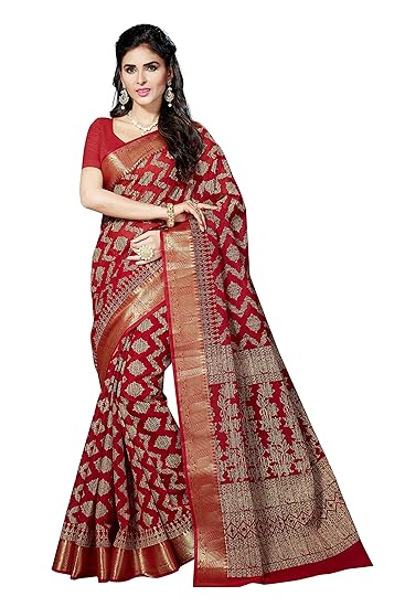 Womens Cotton Saree with Blouse Piece (Red)