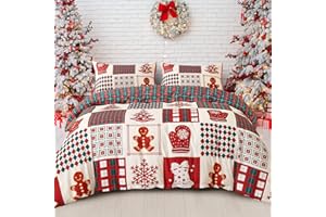 Dobuyly Christmas Duvet Cover Set Queen Christmas Tree Snowflake Bell Pattern Patchwork Bedding Set Reversible Red Green Plaid Xmas Comforter Cover with 2 Pillowcases