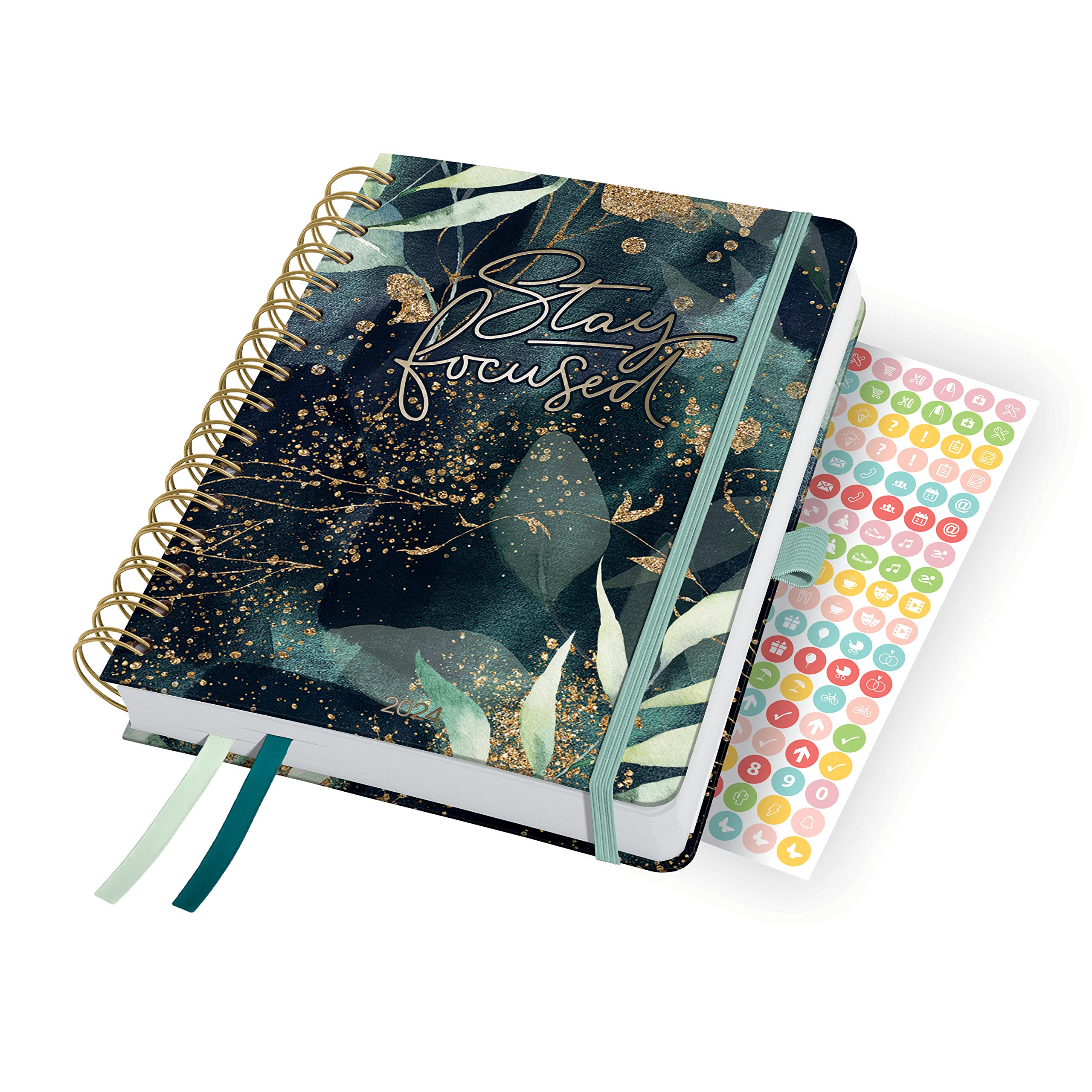 SIGEL J4603 Jolie Spiral diary 2024, Glamorous Leaves, 16,8 x 21,5 cm, hardcover, 240 pages, Black, Green, gold