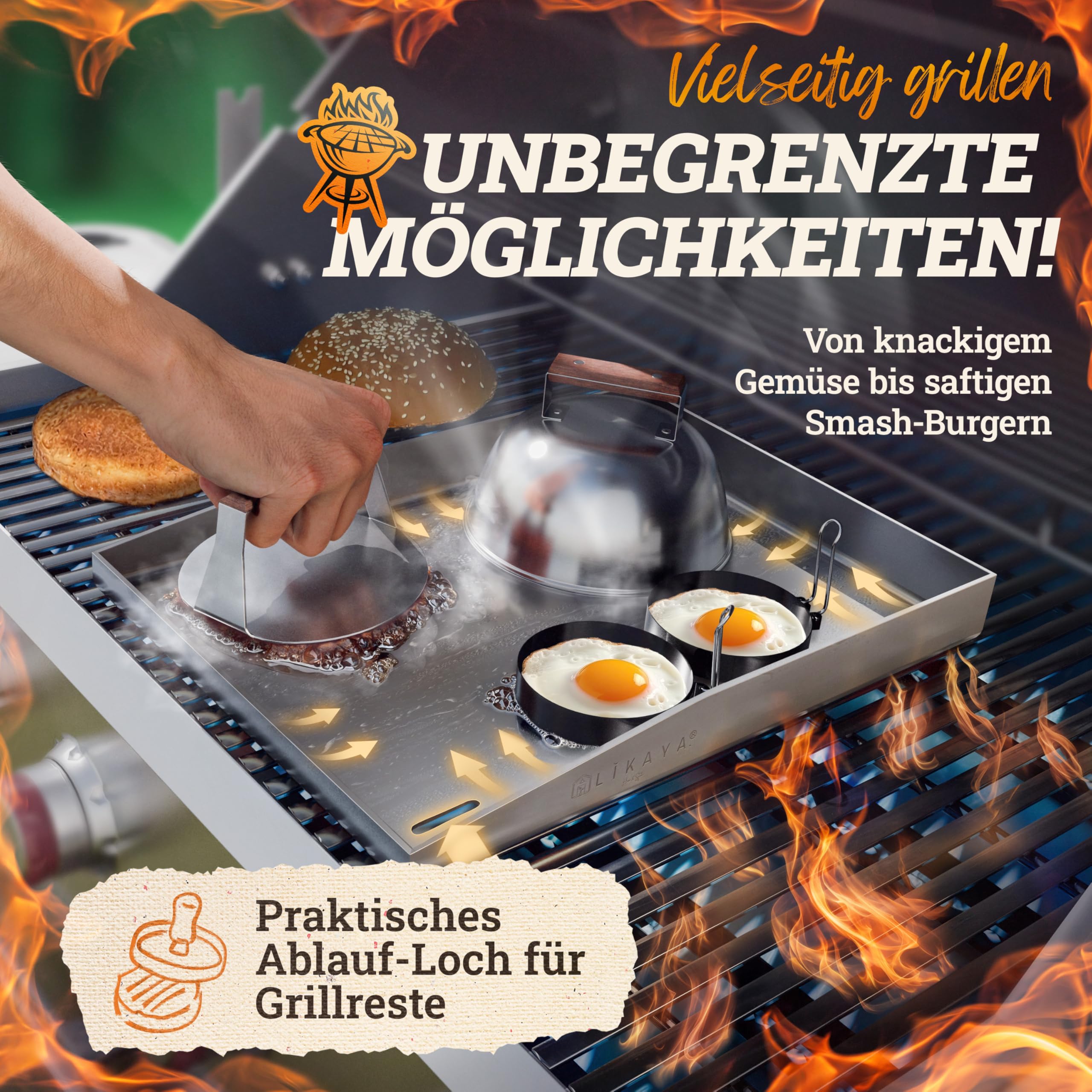 LIKAYA® Plancha Grillplatte [30x40cm] mit 2x Grillspachtel mit FSC-Akazienholzgriff Grillzubehör | Verzugsfreier Edelstahl | Plancha Gasgrill Kohlegrill | Geschlossene Ecken ohne Auslaufen 4
