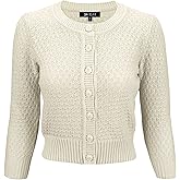 YEMAK Women's Cropped Cardigan Sweater – 3/4 Sleeve Crewneck Basic Classic Casual Button Down Soft Crochet Knit Top (S-3XL)