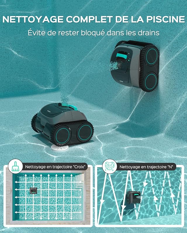 C1 Robot Piscine 160min Batterie, 160m² Fond, Parois, Ligne d'eau
