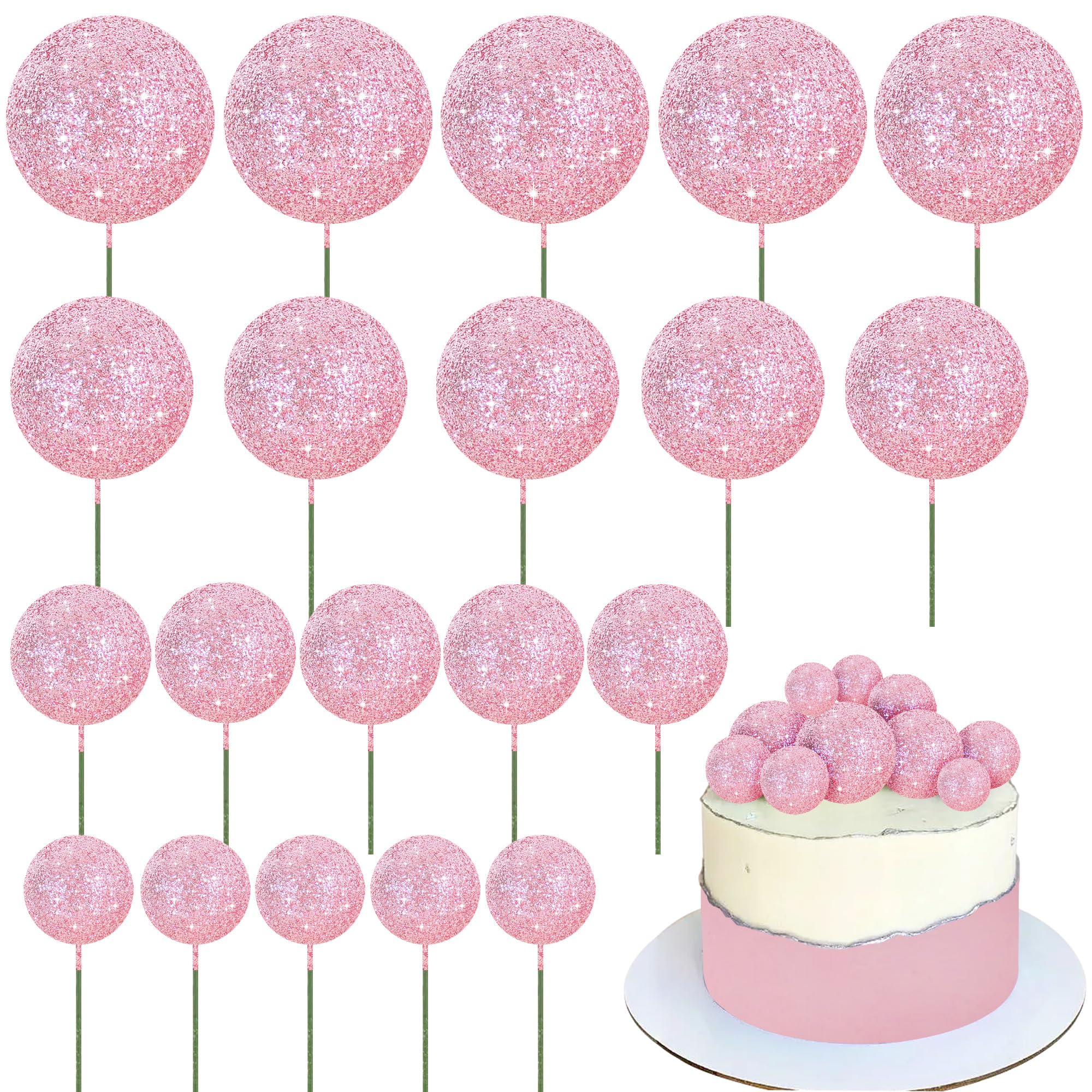 BEISHIDA 20 PCS Pink Glitter Bling Mini Ball Cake Toppers Foam Cake Balls Decoration Supplies for Birthday Valentine's Day Anniversary Wedding Baby Shower Cake Decorations