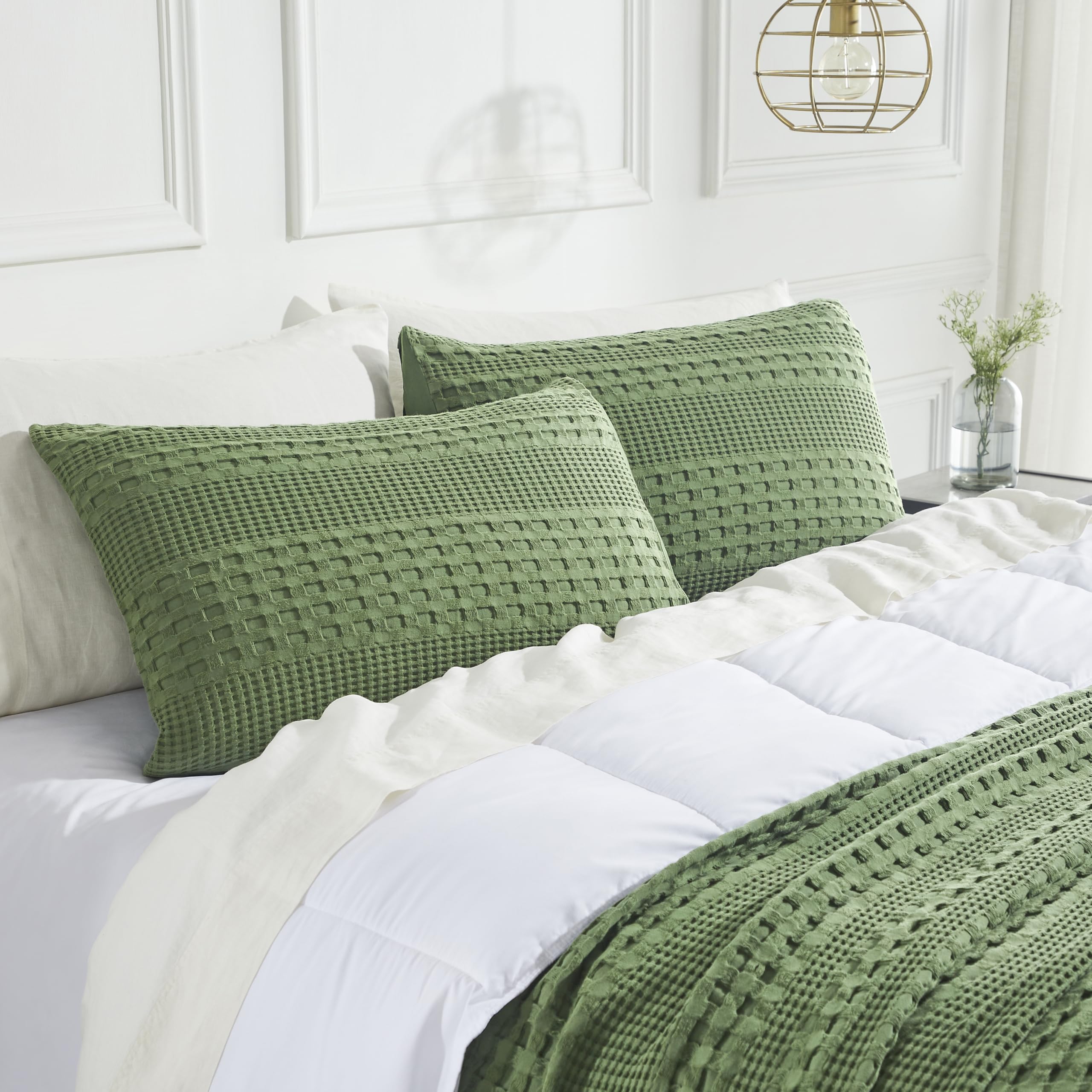 Photo 1 of VHC Brands 100% Cotton Waffle Weave Olive Green King Size Sham Set of 2 20x36, Decorative Throw Pillow Covers/Shams, Boho Farmhouse Bedroom Decor