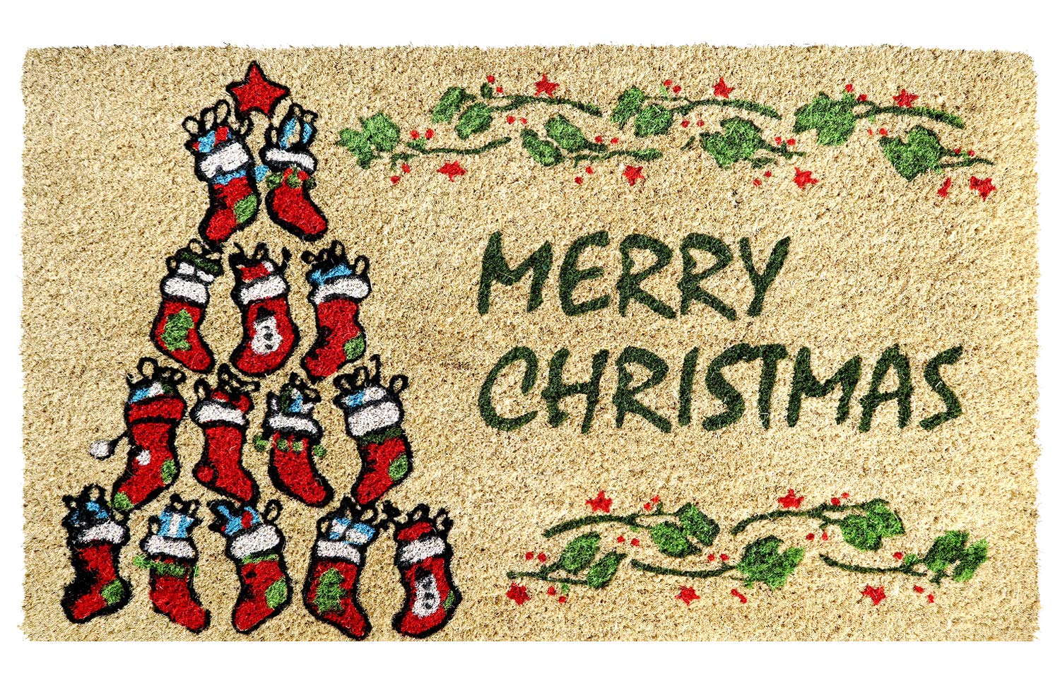 Coco&Coir Door Mat| Non-Slip | Thick Coir | Premium Quality | Rubber Backed | Eco-Friendly | Indoor | Outdoor | Heavy Duty | Christmas Theme | Xmas Entrance Door Mat | 45 x 75 cm (Socks Xmas)