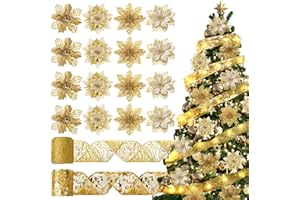 KORLON TEC Gold Christmas Decorations, 2 Rolls Christmas Tree Ribbon Lights 32.8ft (2x16.4ft) 100 LED and 16Pcs Poinsettias Artificial Christmas Flowers for Xmas Tree Ornament Wedding Wreath Christmas Decor