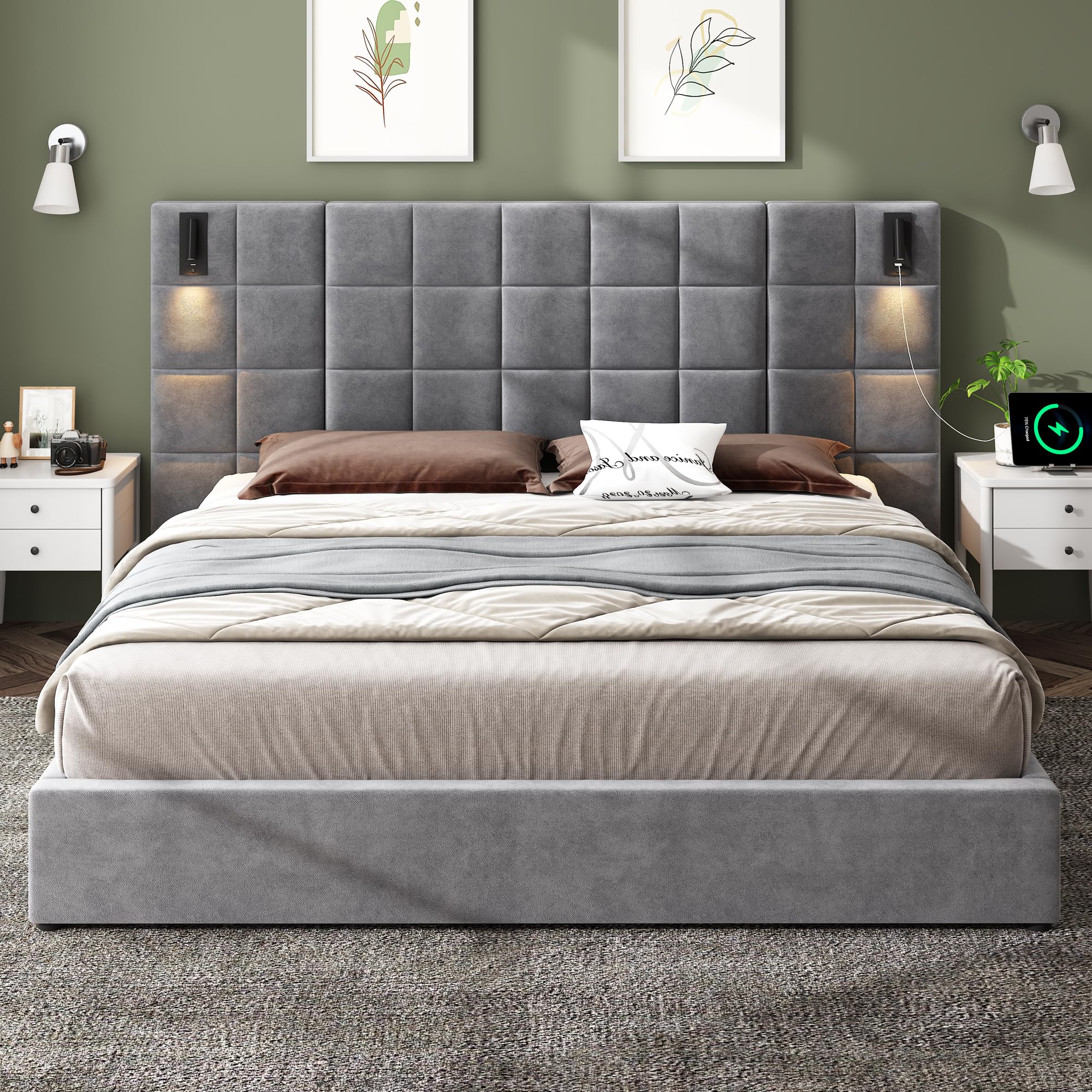 Photo 1 of (SEE NOTES) Merax Upholstered King Bed, with Reading Lamp and USB Port, Wide Velvet Headboard, (Without Bedside Tables and Mattress), Grey