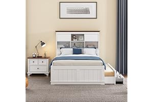 Merax, White+Walnut Modern Framhouse Wood Bedroom Size Captain Bed with Trundle, Nightstand with 2 Drawers, Space Saving, Full Set-2 Piece