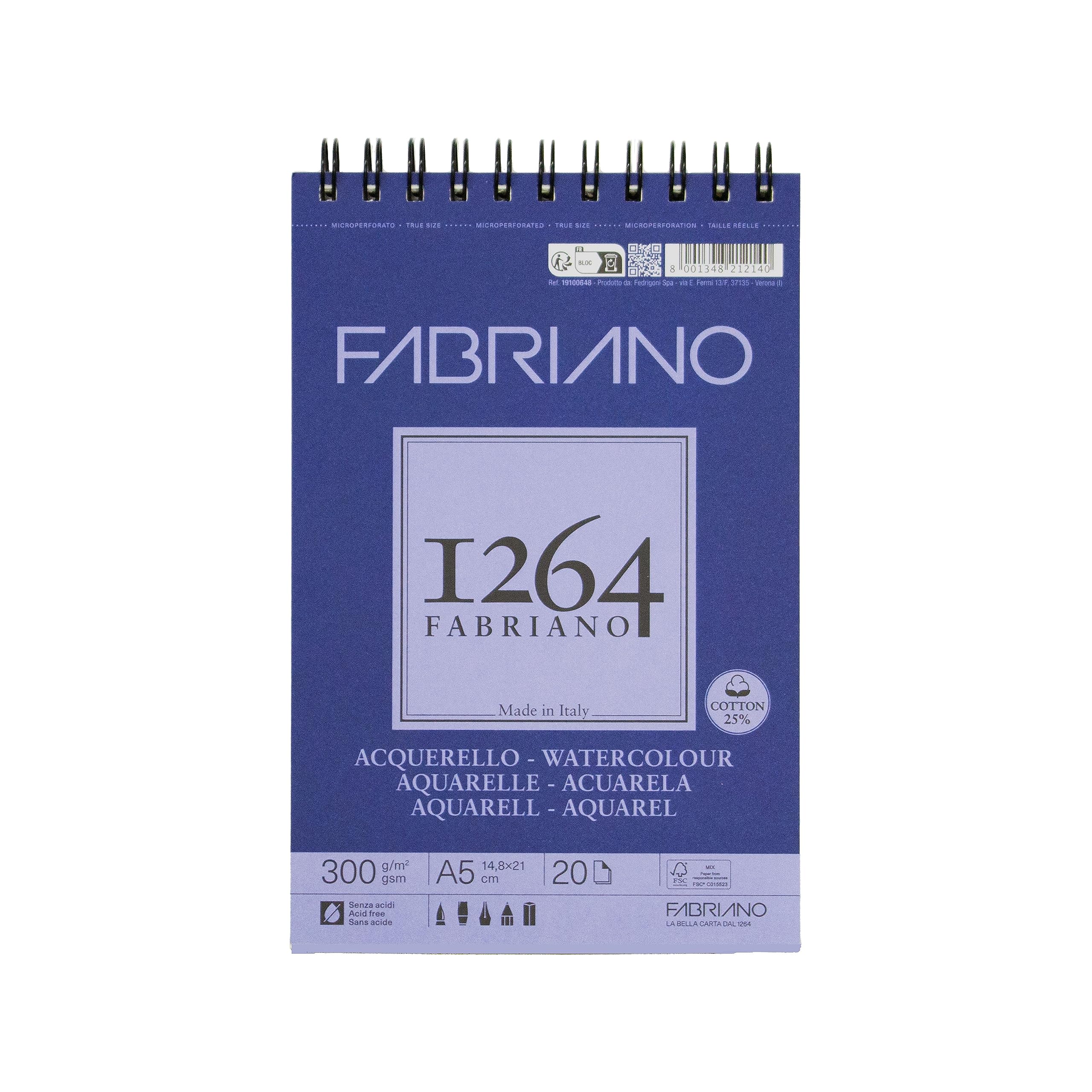 Honsell Fabriano Watercolour 19100648 Spiral Bound Sketch Pad 1264 300 g/m² DIN A5 20 Sheets Natural White Satin Paper with Medium Grain Acid for All Drying Techniques