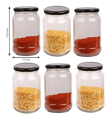Pure Source India 500 Gram Capacity Round Glass Jar With Good Black Color Cap, Set Of 6 Pcs