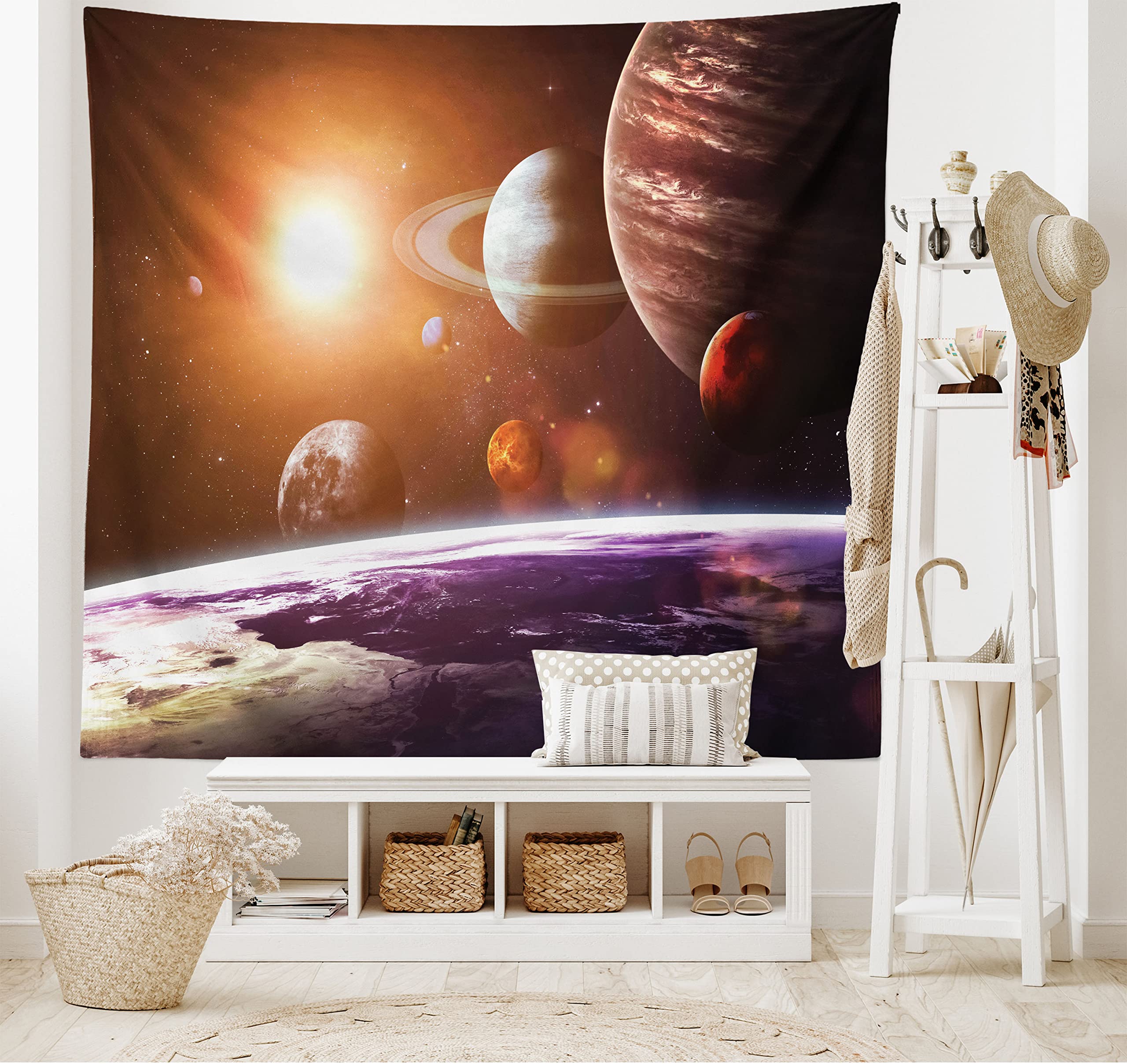 ABAKUHAUS Galaxy Tapestry, Space Theme View of the Planets from Earth Science Room Art with Sun and Moon, Fabric Wall Hanging Decor for Bedroom Living Room Dorm, 230 x 140 cm, Magenta Orange